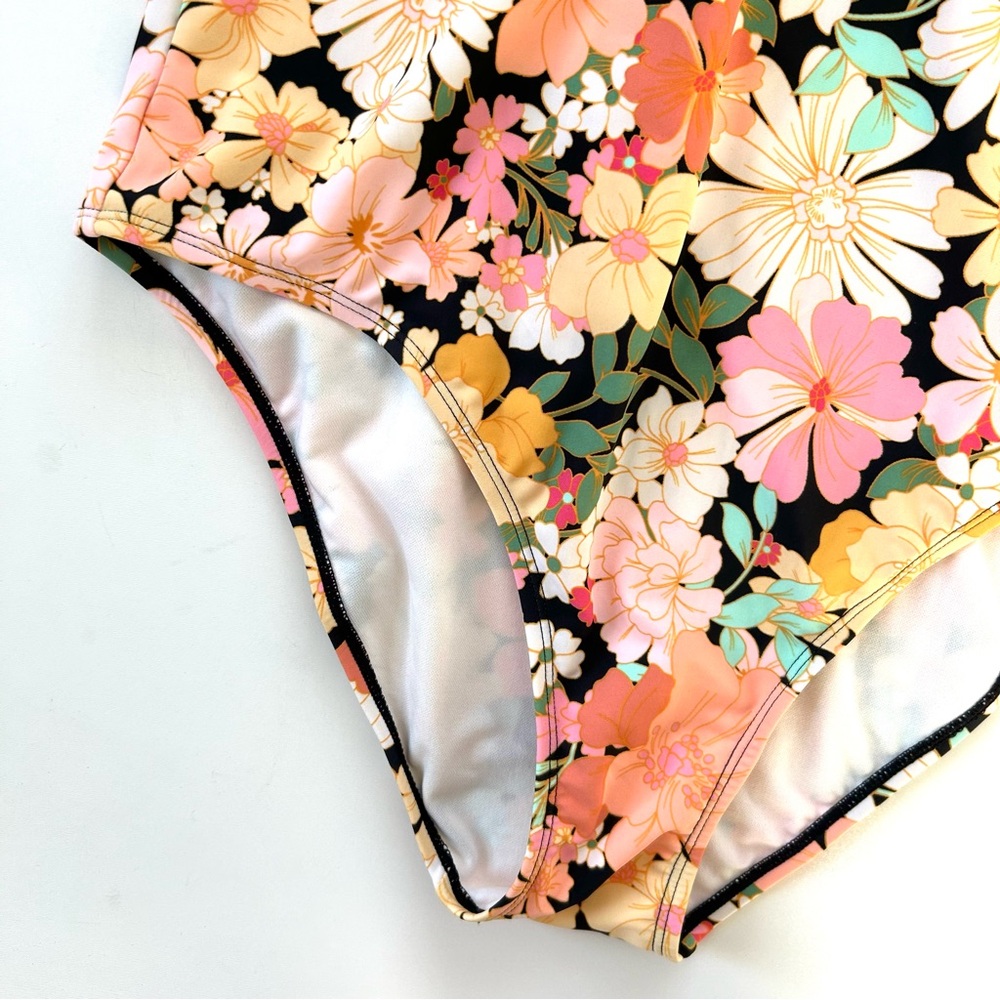 Shade & Shore Multi Yellow Floral Halter Keyhole Bandeau One Piece Swimsuit - Picture 4 of 9